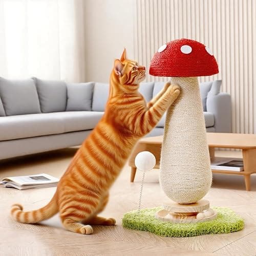 WLHYHHCute Mushroom Shaped Cat Scratching Post - Cat Toy with Ball Lane and Spring-Loaded Pom Poms - 21.25 Inch Tall Sisal Cat Scratching Post for Indoor Cats thumbnail 4