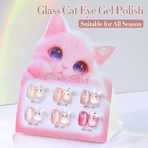 Double Rhythm 0.5 Oz Cat Eye Gel Polish with Magnet Same Color Same Bottle Holographic Glitter Shimmer Translucent Color Salon 15 ML Magnetic Nail Art (Glass Nude-MC1177) thumbnail 6