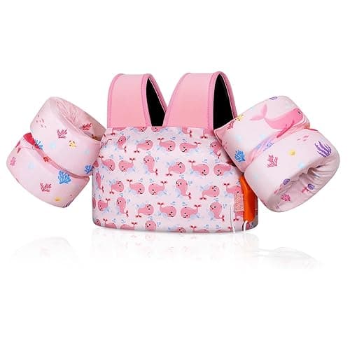 MoKo Toddler Swim Vest for Kids, Arm Band for Children 20-50lbs/22-66lbs Cartoon Swimming Water Wings Pool Float Vests Sleeves Shoulder Straps Swim Arm Floaties - for kids 22-66 lbs - Baby Pink & Whale