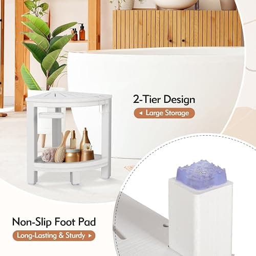 LOENIY 2-Tier Corner Shower Stool with Hooks & Soap Dish, HDPE Shower Bench for Shaving Legs, Wood-Like Shower Stool for Inside Shower with Non-Slip Foot Pads, Waterproof Shower Foot Rest (White) - White thumbnail 5