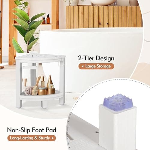 LOENIY 2-Tier Corner Shower Stool with Hooks & Soap Dish, HDPE Shower Bench for Shaving Legs, Wood-Like Shower Stool for Inside Shower with Non-Slip Foot Pads, Waterproof Shower Foot Rest (White) - White thumbnail 5