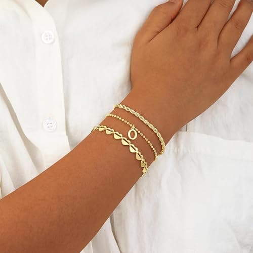 VIROMY Gold Bracelets for Women 14K Gold Plated Initial Layered Bracelet Minimalist Twisted Rope Heart Bead Link Dainty Name Jewellery Gifts for Her A-Z thumbnail 2