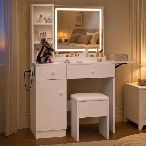FUXA Vanity Desk with LED Lights Mirror and Charging Station, Makeup Vanity Table with Storage Drawers, Cabinet and Chair, Dressing Table Set for Bedroom, White thumbnail 7