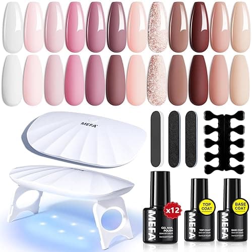 MEFA 19 Pcs Gel Nail Polish Kit with U V Light, 12 Colors All Seasons Nude Milky White Soak Off Gel Polish Nail Set with Base Top Coat Essential Manicure Tools Beginners Salon Nails DIY Art - 1-B Moonflower - Image 1