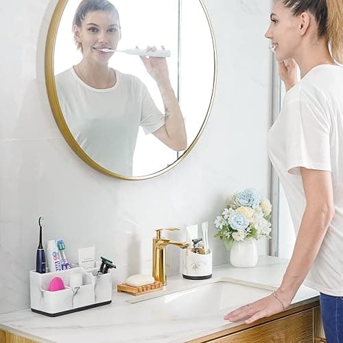 VITVITI Toothbrush Holder for Bathroom, Bathroom Storage Organizer, Small Counter Stand Accessories, for Toothpaste/Vanity Countertop, 5 Compartments Drainage Organization, White Resin of Marble Color thumbnail 2