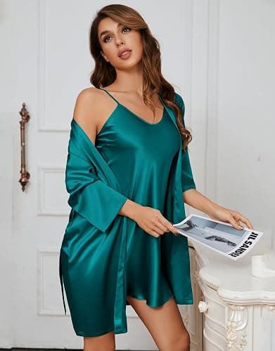 SAPJON Silk Pajamas for Women 5Pcs Sleepwear Loungewear Satin Robe Cami Shorts Pj Set thumbnail 3