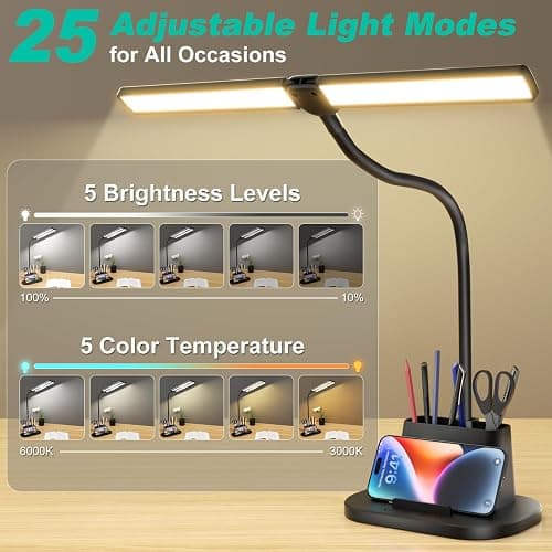 LED Desk Lamp, Eye-Caring Desk Light with Organized Base, 5 Color Modes & 5 Level Brightness, Adjustable Flexible Gooseneck Touch Lamp, Small Desk Lamp for Home Office, College Dorm Room Essentials thumbnail 2