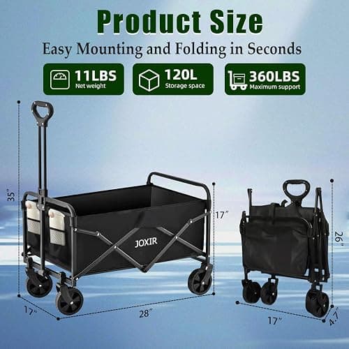 Joxir Collapsible Wagon Cart Foldable 120L 360lbs Capacity, Lightweight Portable Beach Wagon, Shopping Carts with Wheels for Grocery, Camping, Shopping, Garden Cart thumbnail 2