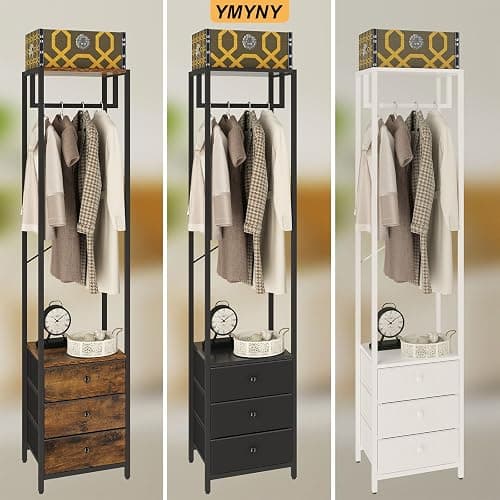 YMYNY Coat Rack with Non-woven Drawer, Freestanding Tall Closet Organizer, Clothes Rack with Rod, Tall Clothes Standing Dresser for Bedroom, Living Room, Entryway, 39×29×179CM White HGR001W thumbnail 9