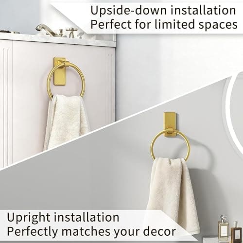 STWWO Gold Towel Ring for Bathroom, Adhesive Hand Towel Holder for Bathroom, Kitchen, No Drill thumbnail 6