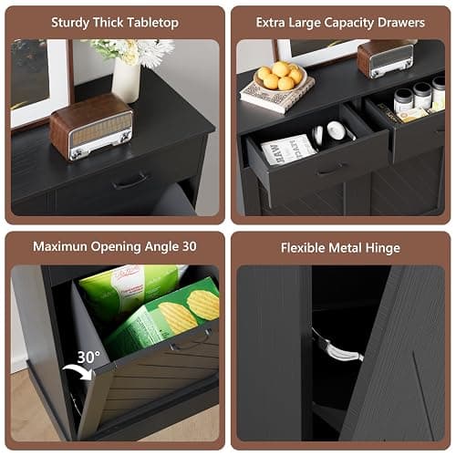 Double Tilt-Out Trash Can Cabinet, 2x15 Gallons Hidden Garbage, Hidden Kitchen Trash Cabinet with Storage Drawer, Pet-Proof Wooden Garbage & Recycling Cabinet for Kitchen, Laundry & Living Room, Black thumbnail 5