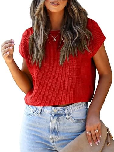 LCXWFE Womens Summer Cropped Sweater Vest Trendy Cap Sleeve Crop Tops Crew Neck Loose Knit Tank Top - Image 1