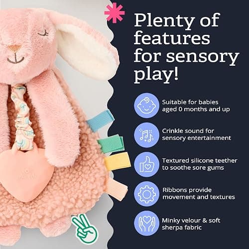 Itzy Ritzy Lovey Including Teether, Teething Relief, 0+ Months (Pink Bunny) | Baby Lovey with Soft Sherpa, Plush Minky, Silicone Teether, Crinkle Sounds, Textured Ribbons, and Interactive Dangle Arms thumbnail 4