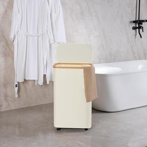 efluky Slim Laundry Hamper with Wheels, Narrow Laundry Basket with Lid and Removable Bag, Aesthetic Dirty Clothes Hamper on Wheels for Laundry Room, Bedroom, Dorm and Bathroom, 75L Beige thumbnail 2