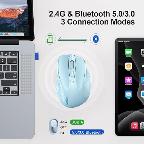 TECKNET Wireless Mouse (2.4G & BT5.0/3.0) Silent 4800 DPI Computer USB A & Bluetooth Mouse 6 Buttons, Wide Compatibility - Lightblue thumbnail 2