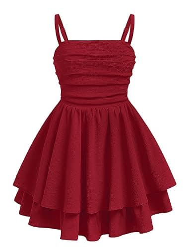 EXARUS Girls Holiday Dress Teen Ruched Ruffled Flowy Spaghetti Strap Dance Prom Formal Party Tween Cute Dresses 8-14Y - Image 1