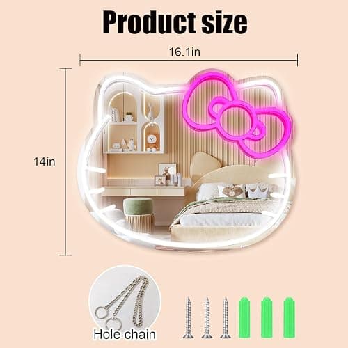 MCJSGSP Anime Hello Kit Cat Neon Sign Mirror L16.1 W14 Vanity Mirror with Lights Bedroom Wall Mirror for Pink Room Decor and a Makeup Mirror with Lights Teen Girl Gifts thumbnail 2