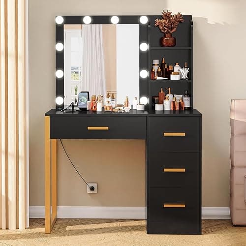FIONESO Makeup Vanity Desk with Mirror & Lights, Vanity Desk with 4 Drawers & Charging Station, Dressing Vanity Table with Open Storage Shelves, 3 Color Modes, Vanity Table for Bedroom, Black - Image 1