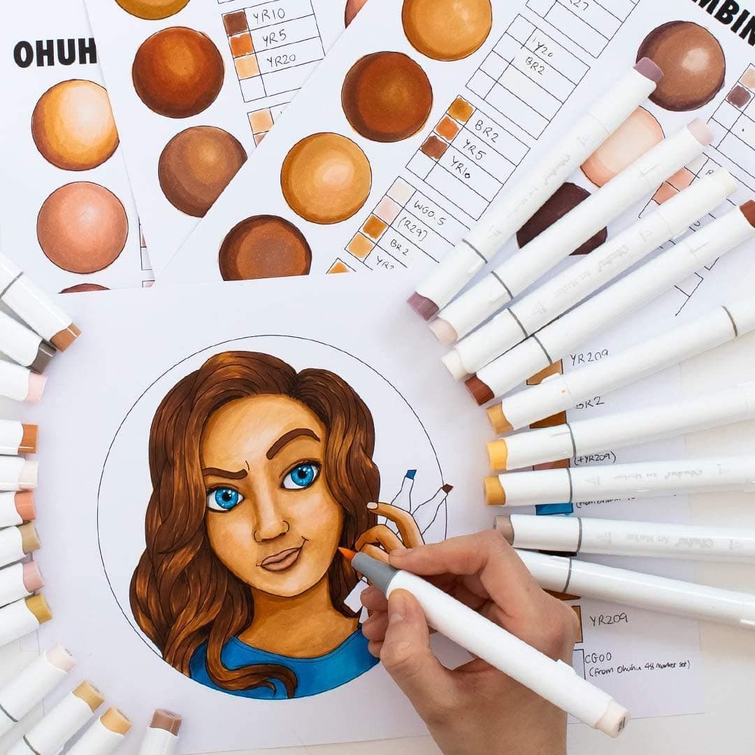 Ohuhu Skin Tone Alcohol Markers Brush Tip - Double Tipped Skin Color Markers for Artist Adults Coloring Illustration - 24 Portrait - Chisel & Brush - Honolulu thumbnail 7
