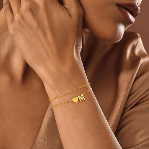 M MOOHAM Valentines Day Gifts for Kids Teen Girls -14K-Gold-Plated Heart Initial A-Z Bracelets for Women Girl Dainty Gold Bracelets Birthday Valentines Gifts for Women Her Teenage Girls Kid Teen Gift thumbnail 7