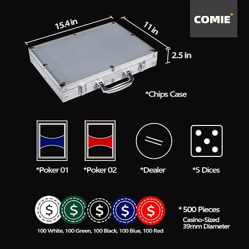 Comie Poker Chips,500PCS Poker Chip Set with Aluminum Travel Case,11.5 Gram Poker Set for Texas Holdem Blackjack Gambling thumbnail 2
