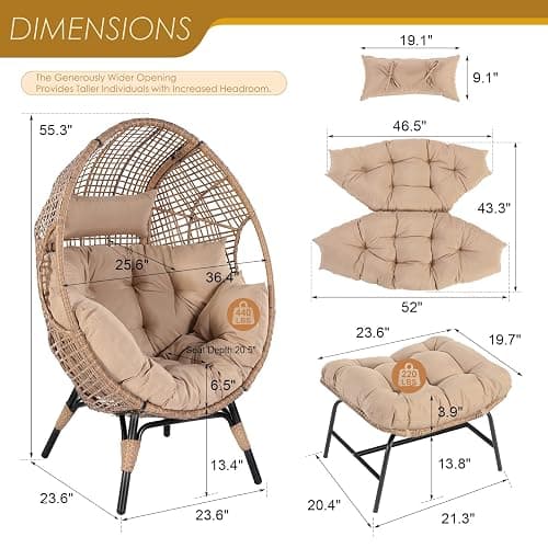 NICESOUL Egg Chair Indoor Outdoor, Large Egg Lounge Chair w/Ottoman, Oversized Comfy Cushioned Brid Cage Seat 440lbs, Boho Nest Seat with Footstool for Patio, Bedroom, Lawn, Backyard, Brown thumbnail 2