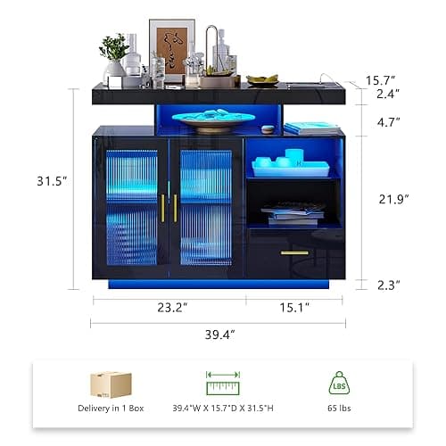 HNEBC LED Sideboard Buffet Cabinet with Charging Station, Smart Bar Cabinet with Auto RGB Lighted, High Gloss Coffee Bar with Drawer/Hutch for Living Room, Dining Room, Home Storager(Black) thumbnail 3