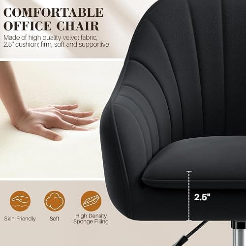 BestEra Vanity Chair with Wheels, Comfy Home Office Desk Chairs Adjustable Modern Velvet Makeup Vanity Chairs for Bedroom Living Room-Black thumbnail 4