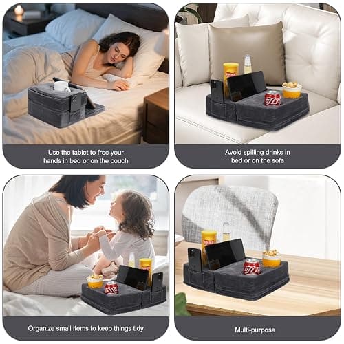 Couch Cup Holder Tray Pillow, Large Sofa Organizer Caddy with 6 Holes and Side Pocket Bed Refreshment Tray for iPad, Drinks, Remotes, Phones, Snacks, Removable & Washable (Grey) thumbnail 5