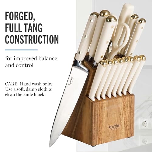 Martha Stewart Knife Block Set 16-Piece - Lockton High Carbon Stainless Steel Forged Full Tang Chef Knives, Acacia Wood Block, Triple Riveted Handles, Linen White & Gold thumbnail 2