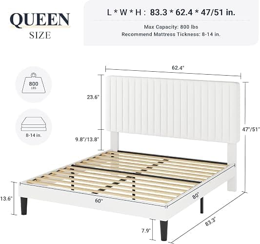 Allewie Queen Bed Frame, Velvet Upholstered Platform Bed with Adjustable Vertical Channel Tufted Headboard, Mattress Foundation with Strong Wooden Slats, Box Spring Optional, Easy Assembly, White thumbnail 2