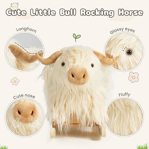 Baby Rocking Horse,Highlander Cattle Rocking Toy for 1+ Year Old Boys and Girls Rocking Horse for Kids Room Nursery Birthday Party Shower Gift Wood Animal Rocker French Design 3-Side Seat PP Cotton thumbnail 5