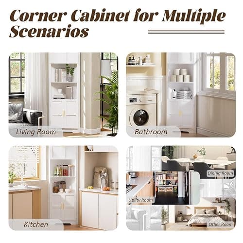 67'' Tall Corner Cabinet with Storage Shelves and 4 Doors, Modern Storage Cabinet with Barn Door Design, Home Space Saver for Living Room, Kitchen, Bathroom, Laundry Room, White thumbnail 6