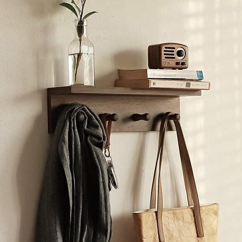 XAOMLP Entrance Coat Rack ，Coat Hooks, Wall-Mounted Wooden Hook Rack, Wall-Mounted Shelves are Very Suitable (Walnut Colored Finish-1) thumbnail 4