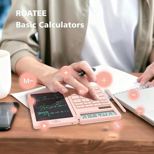 Desk Calculators with Erasable LCD Notepad ROATEE Basic Calculators Pink Cute School Supplies for Girls Middle School Stuff Cute Pocket Office Supplies Home Essential Solar & Battery Energy Big Button thumbnail 2