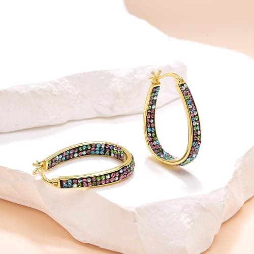 Crystal Hoop Earrings - Silver Plated Inside Out Oval Shape Hoop Earrings for Women, 1.2 Inch - Gold Plated MIX thumbnail 2