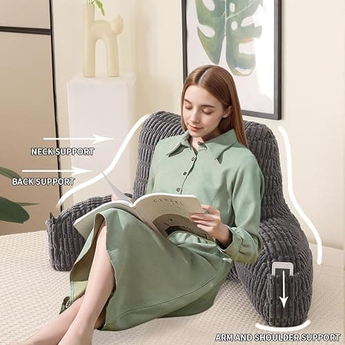 PAJEO Reading Pillow for Sitting in Bed, Large Backrest Reading Pillow with Arm Rest,Back-Rest Support Cushion for Sit Up on Couch, Sofa, and Floor, Dorm Essentials (Grey Corduroy, Large(19")) thumbnail 3