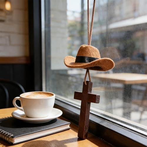 Cowboy Hat Cross Car Charm,Retro Western Country Rearview Mirror Hanging Mini Cute Car Interior Decoration for Men Women (Black) thumbnail 8
