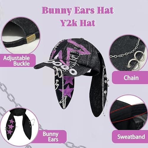 THESSNCE Y2k Hat Punk Hats Denim Bunny Hat Chains Distressed Baseball Cap Kpop Outfits Y2k Grunge Hats for Women thumbnail 3