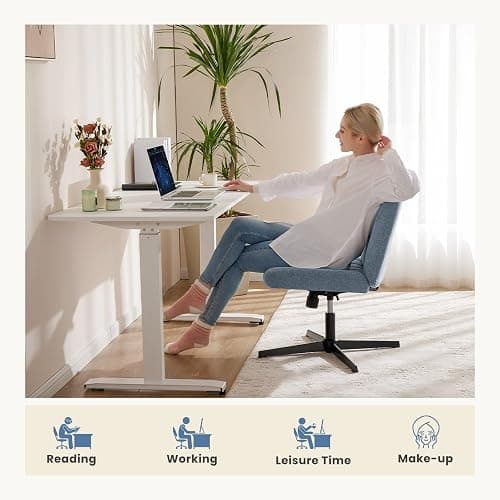 DUMOS Criss Cross Chair, Cross Legged Vanity Chair No Wheels, Home Office | Comfy Fabric, Height Adjustable, Armless Wide Seat, Swivel, Computer Desk Task, Bedroom, Study, Blue thumbnail 8