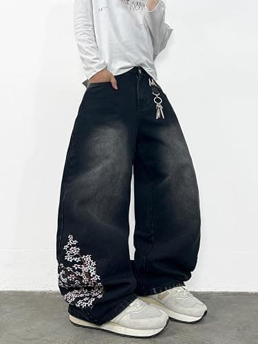 DFGIGT Floral Embroidery Baggy Jeans for Men Hip Hop Stylish Wide Leg Skater Jeans Loose Denim Pants Streetwear thumbnail 3