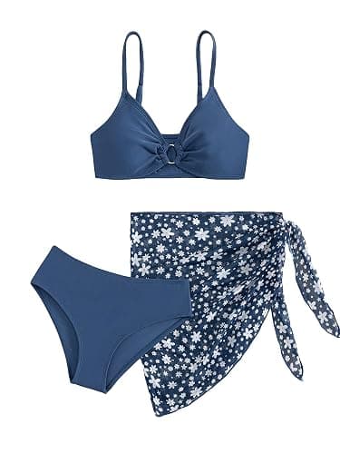 COZYEASE Girls' 3 Piece Bikini Set Ditsy Floral Print Wireless Swimsuit with Beach Skirt - Image 1