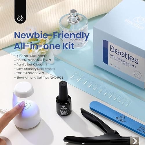 Beetles Gel Nail Kit Short Almond, 240Pcs Easy Nail Extension Set Shaped Clear Tips with 5 in 1 Nail Glue Base & Top Coat and Mini UV Lamp, Nail Tips Art Acrylic Nail Kit Gifts for Women thumbnail 3