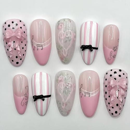 Tastetreasure 30Pcs Almond Press on Nails, Pink French Cat Eye Fake Nails with Bows Polka Dots Music Notes, Cute Lace Vine Stick on Nails for Women, Gel Acrylic False Nails with Jelly Glue Kit thumbnail 3