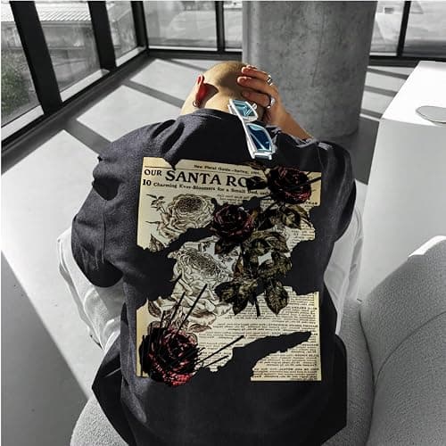 Lubpow Mens Acid Wash Tshirt Oversized Vintage Graphic T-Shirts Cool Grunge Rose Floral Shirt Trendy Y2K Streetwear Tee Tops thumbnail 5