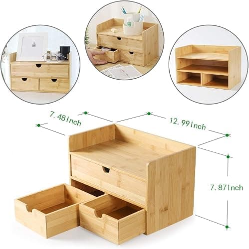 Wisuce Bamboo Desk Organizer, Mini Desktop Drawer Tabletop Storage Organization Box for Office Home Toiletries Supplies Vanity, No Assembly Required (3 Drawer with Shelf) thumbnail 3