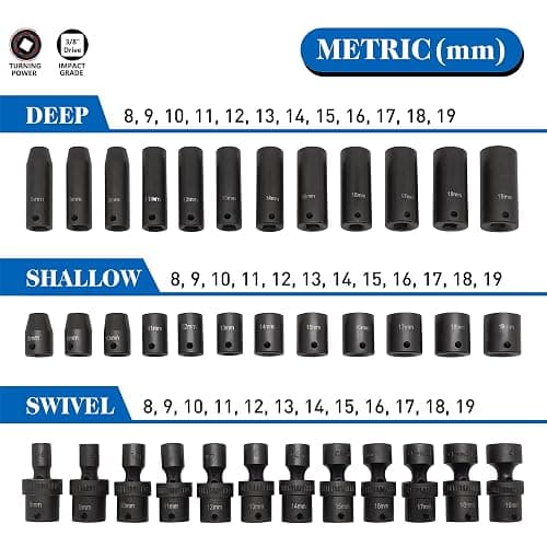 MacWork 67 Pieces 3/8“ Drive Impact Socket Set, SAE and Metric Sockets, CR-V & CR-Mo, Complete Socket Set with Shallow, Deep & Swivel Sockets, Includes Ratchet, Extension Bars & Adapters thumbnail 3