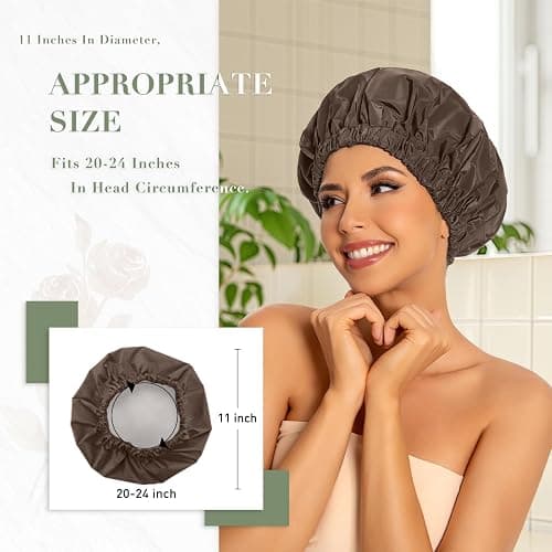 Reusable Shower Cap for Women, Large Waterproof Shower Essentials Bonnet Washable Elastic Band Bath Hair Wrap Hat for Long Hair, Braids(Dark Coffee) thumbnail 3