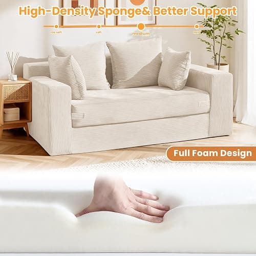 Winzoo Boneless Loveseat Sleeper Sofa Bed, 3-in-1 Convertible Sofa Bed and Futon Couch with 4 Pillows, 55" Beige Boneless Couch for Living Room, Guest Room, Small Space, No Assembly Required, Corduroy thumbnail 4