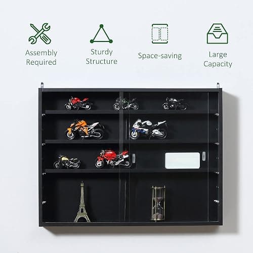 HOMCOM 5-Tier Wall Mounted Display Cabinet Glass Doors 60x80cm Black | Display Case with 4 Adjustable Shelves, Glass Doors, for Home Office Ornaments thumbnail 6